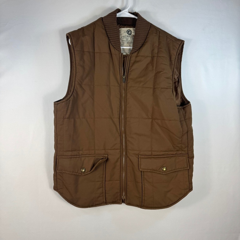 Lucky Brand Mens Brown Quilted Puffer Vest Full Zip Ribbed Collar XL RN80318